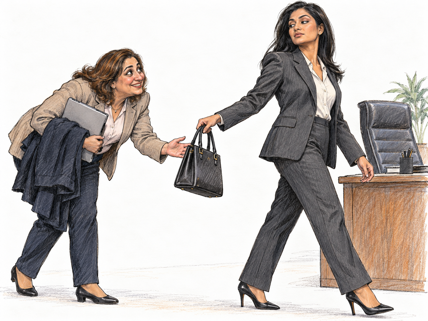 An obsequious office follower trails a powerful executive, bowing eagerly under her belongings while accepting yet another trivial command.