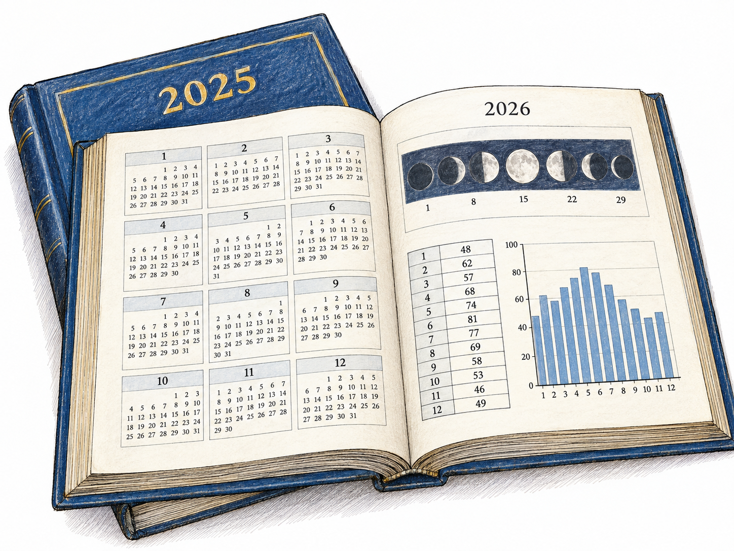 An open annual reference volume displaying a compact calendar, lunar-phase chart, and numerical statistical table, resting partly over the previous year's matching volume.