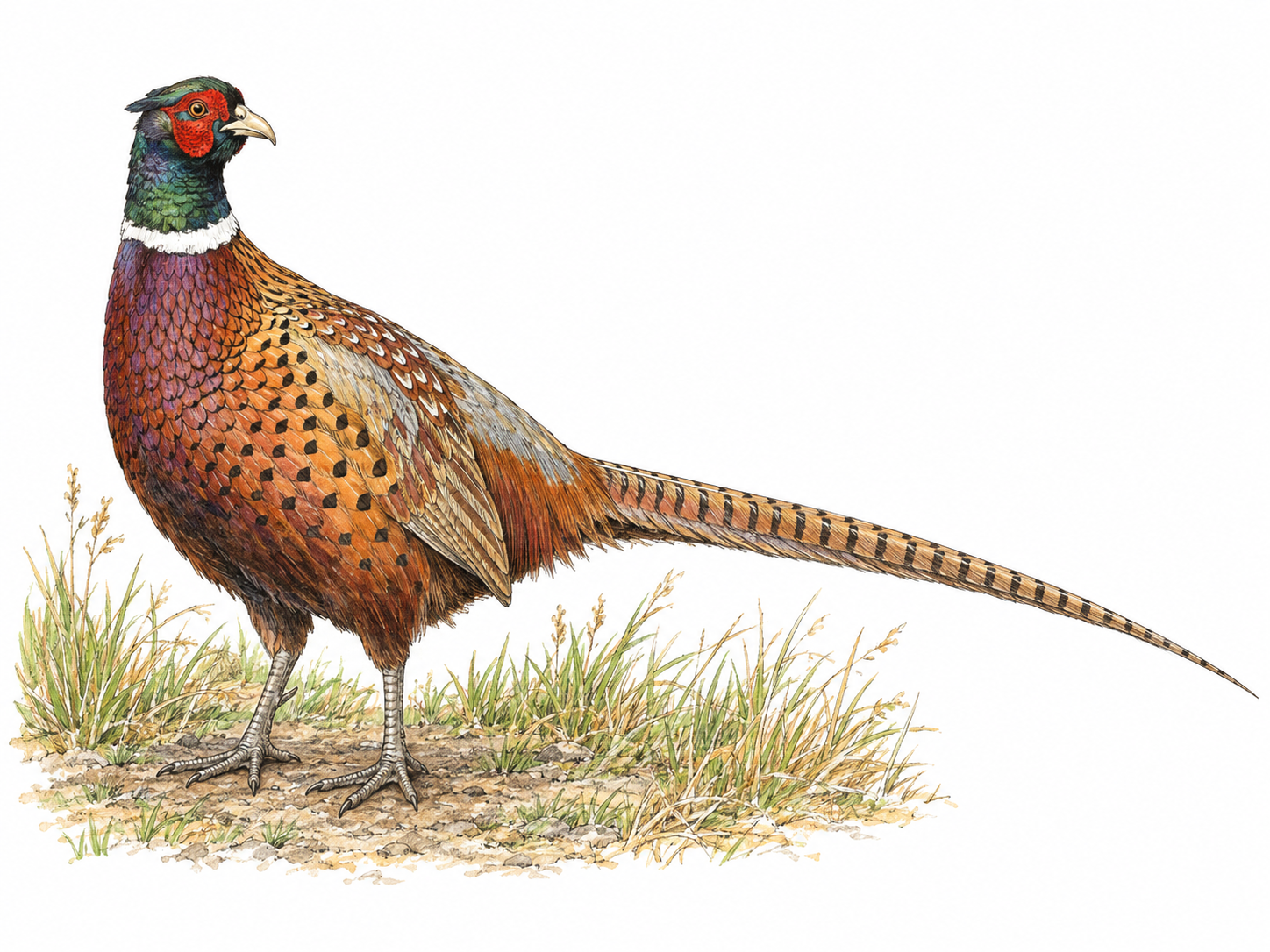 A single adult male ring-necked pheasant in clear three-quarter side view, its exceptionally long barred tail fully visible, standing beside a small tuft of field grass.