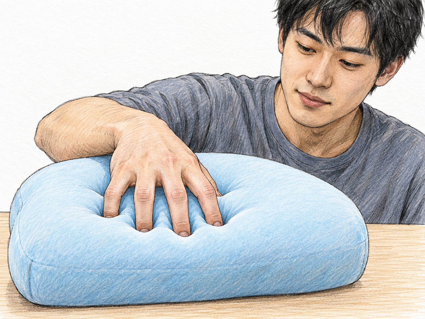 A man presses his fingertips into a thick foam cushion, making deep, clearly visible indentations while the surrounding cushion remains plump.