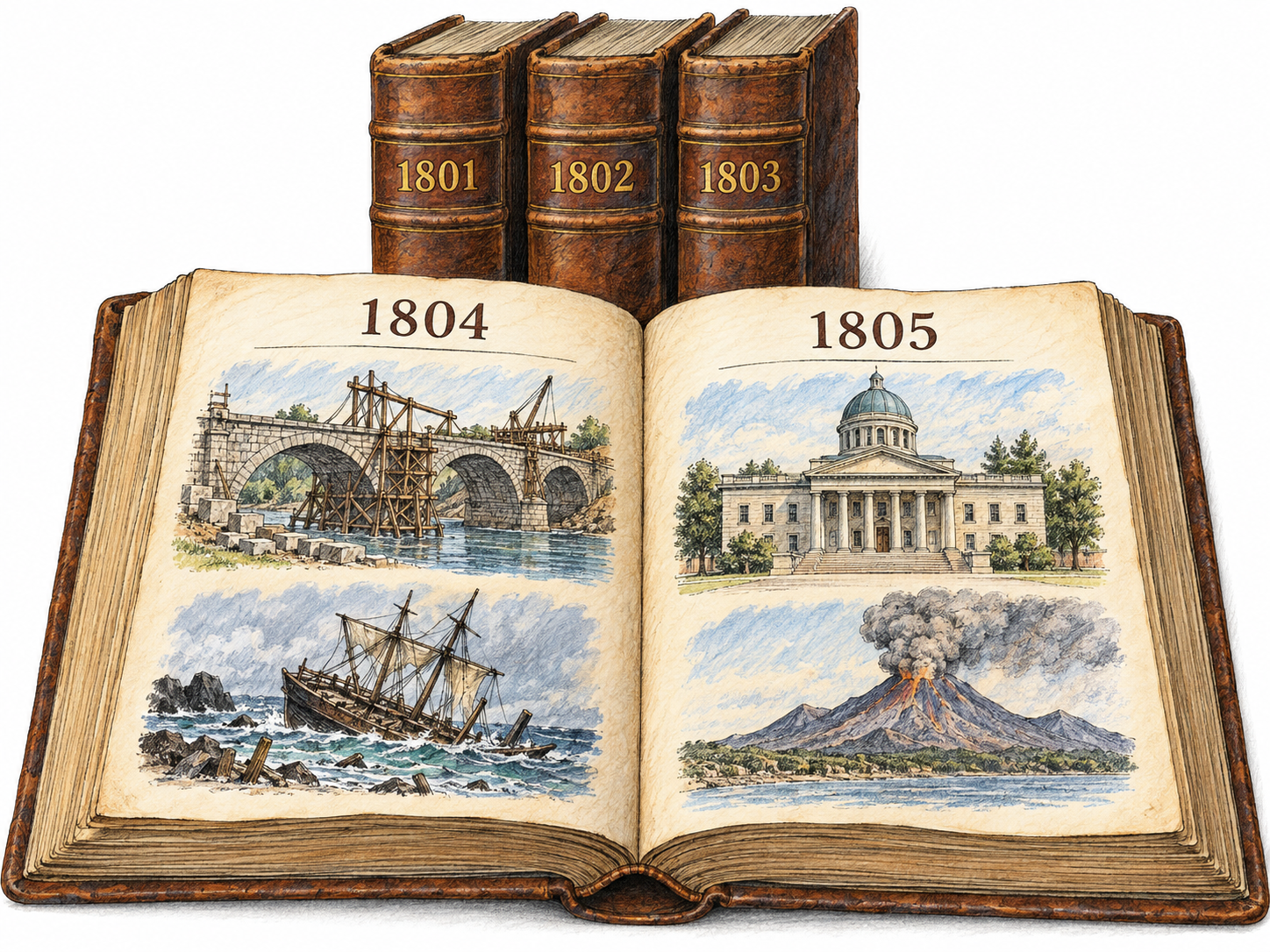 A small chronological set of historical record books, with consecutive years on their spines and an open volume displaying illustrated event entries grouped under successive year headings.