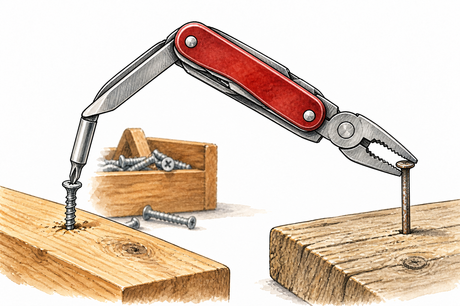 A practical multipurpose tool performs several useful household jobs, screwdriver opening a screw and pliers gripping a nail, clear usefulness no labels.