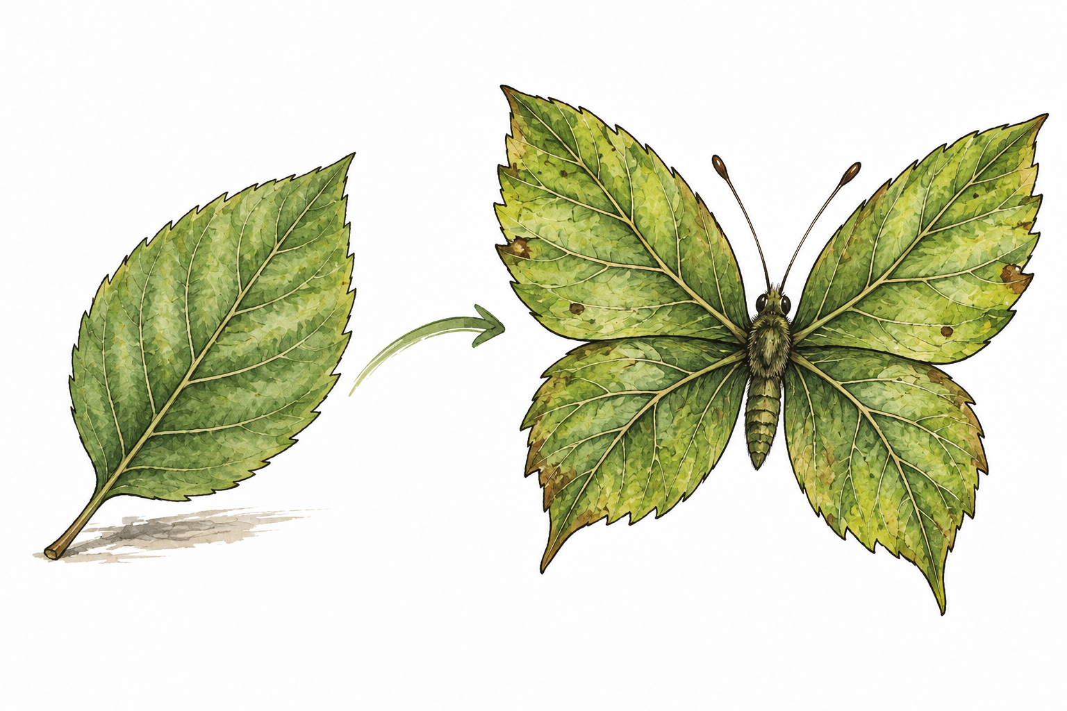 Original simple leaf drawing beside a second elaborated artwork visibly developed from it, source and derivative related.