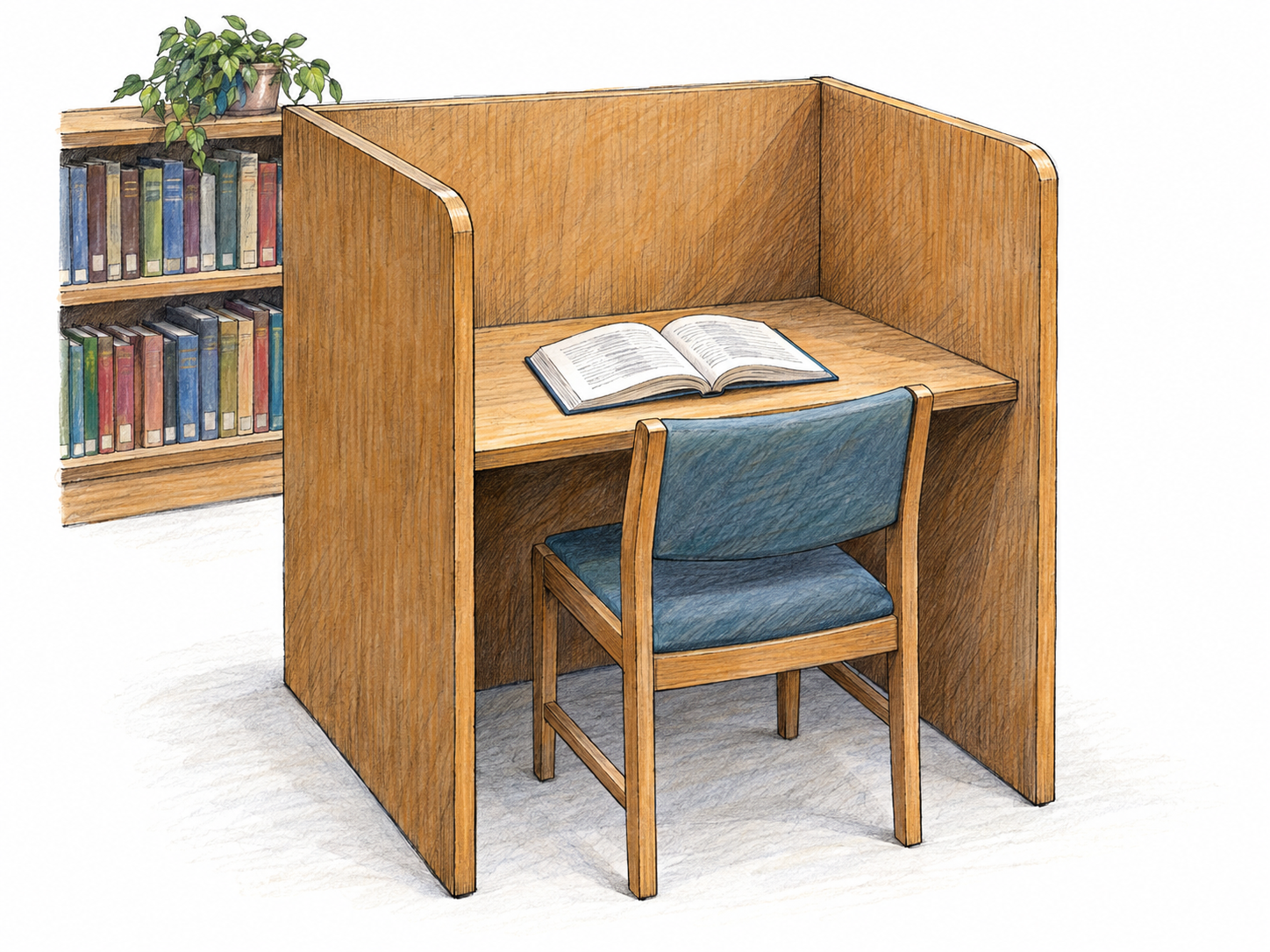 An unoccupied library study carrel: a compact desk enclosed by tall back and side partitions, with a chair tucked into its open front, an open book on the desktop, and a short library shelf behind it.