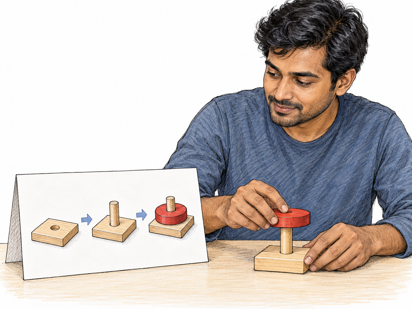 A plainly organized, wordless assembly guide communicates a simple task: three large pictorial steps show how to join a wooden base, upright peg, and red disk.