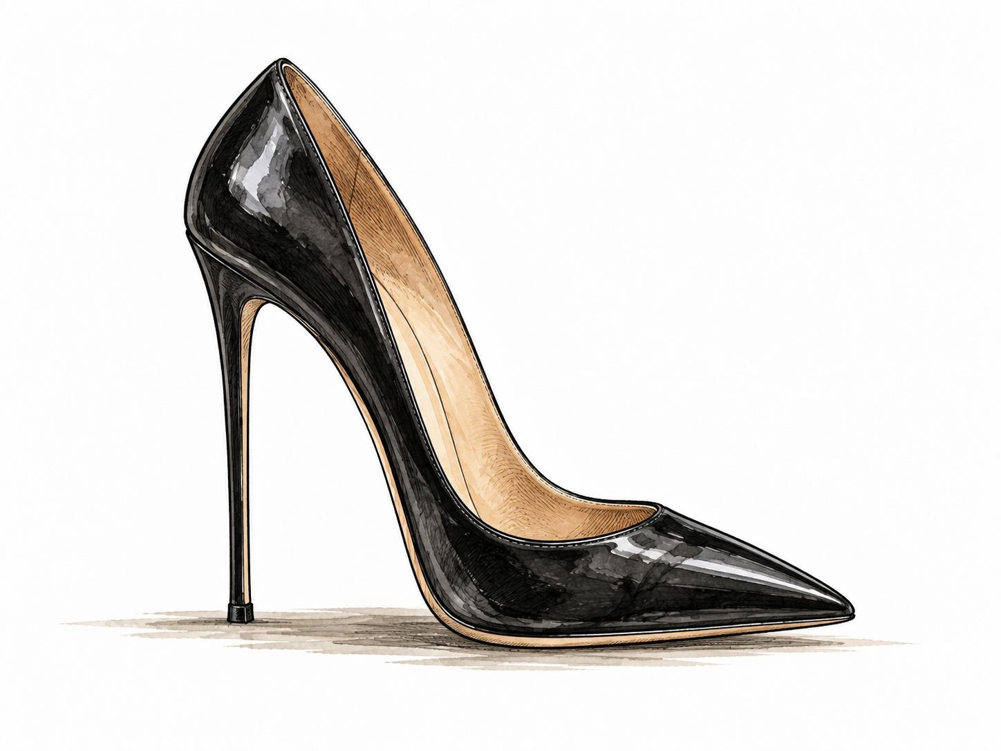 One elegant black high-heeled stiletto shoe in profile, clearly very thin tall heel.