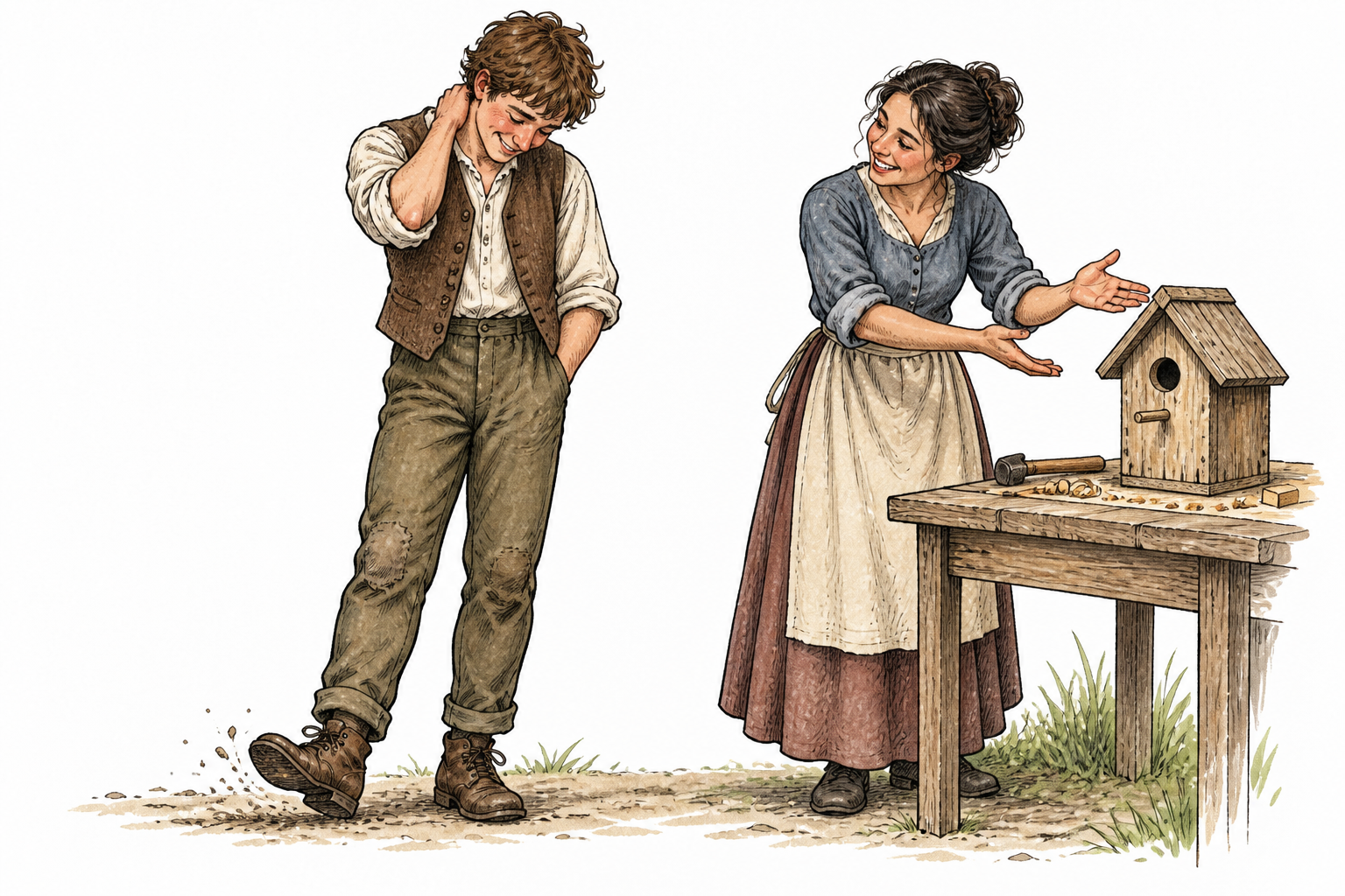 A modest young adult smiles bashfully, looks down and scuffs a shoe as a friend warmly praises their handmade craft, mild embarrassed dismissal without words.