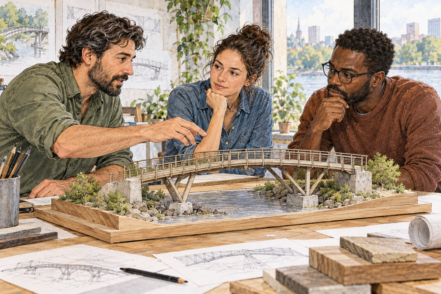 Three engineers confer face-to-face around a tabletop wooden model of a pedestrian bridge, one proposes an adjustment with hand gesture while the other two listen carefully before deciding.