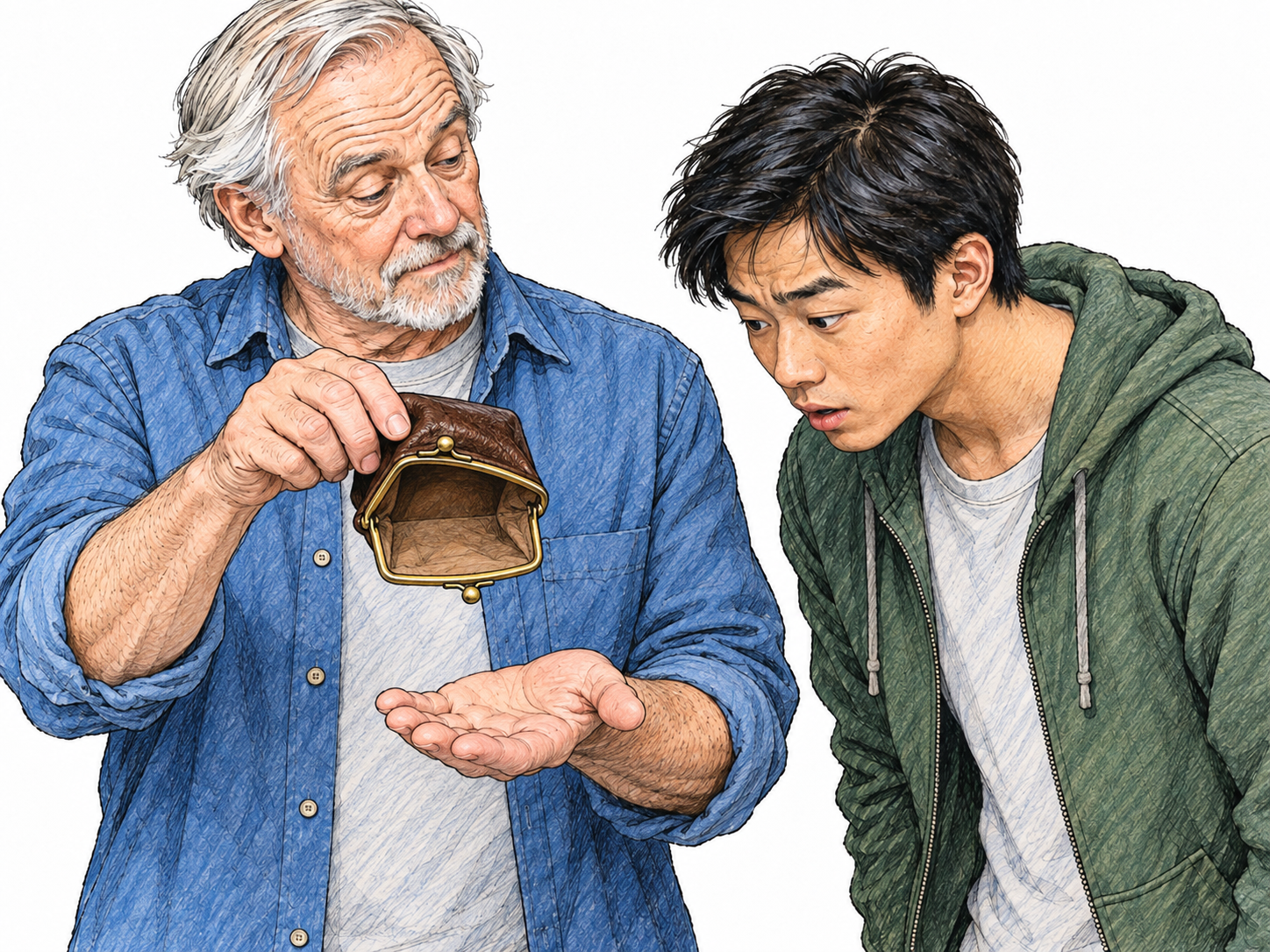 An older man holds a small coin purse upside down over his open palm, spreading its mouth so the bare interior is visible.