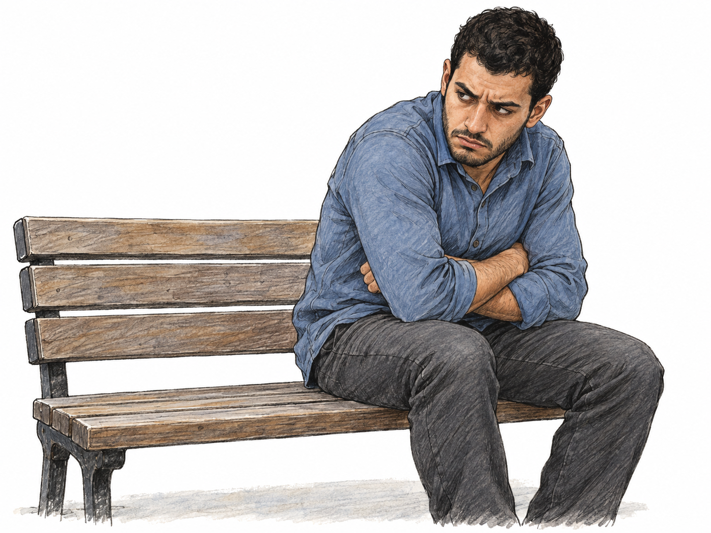 A young man sits hunched and withdrawn at one end of a bench, arms tightly crossed, chin lowered and mouth set in a sour scowl.