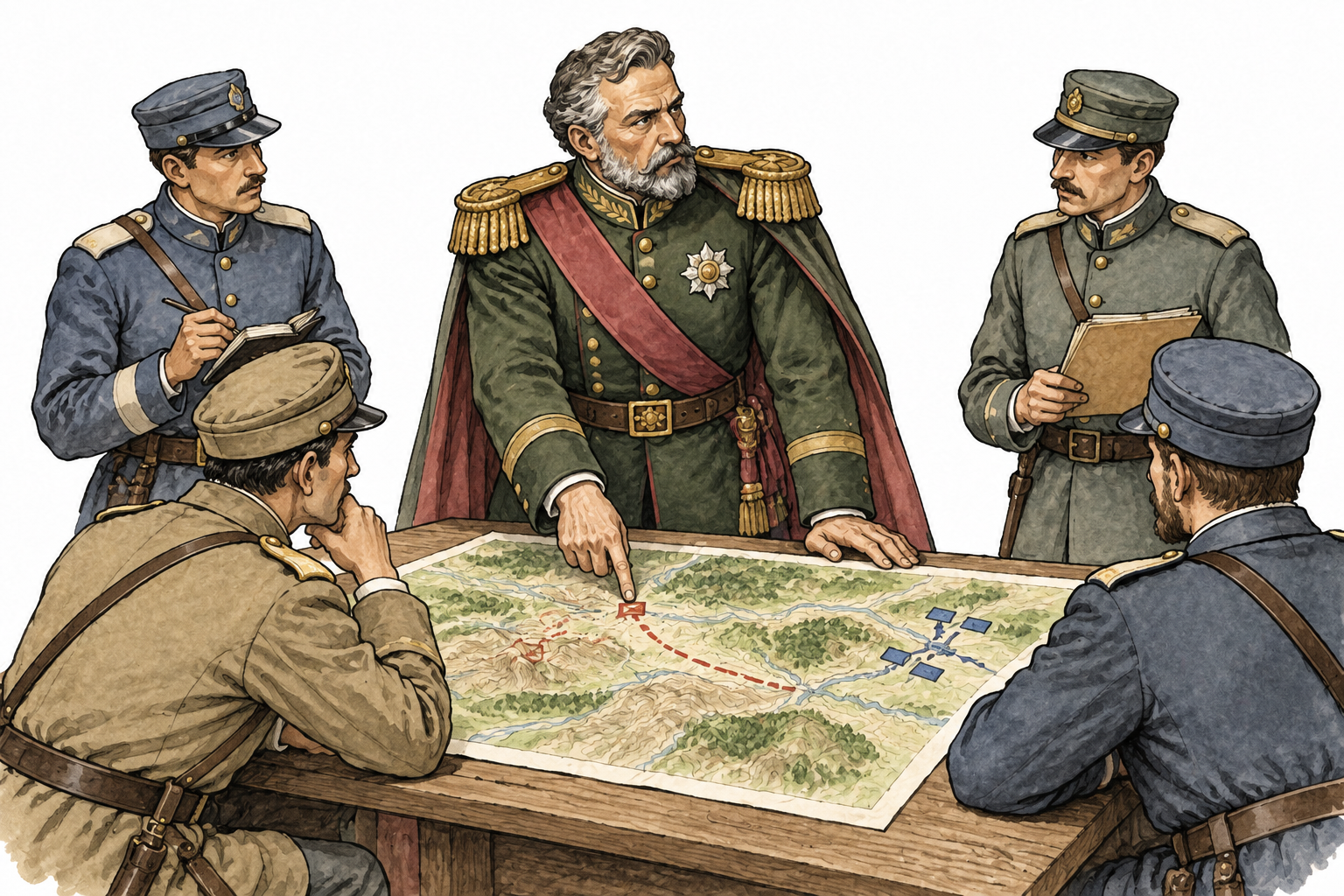 A senior supreme military commander surveys a map while subordinate officers receive direction, fictional neutral uniforms, no violence.