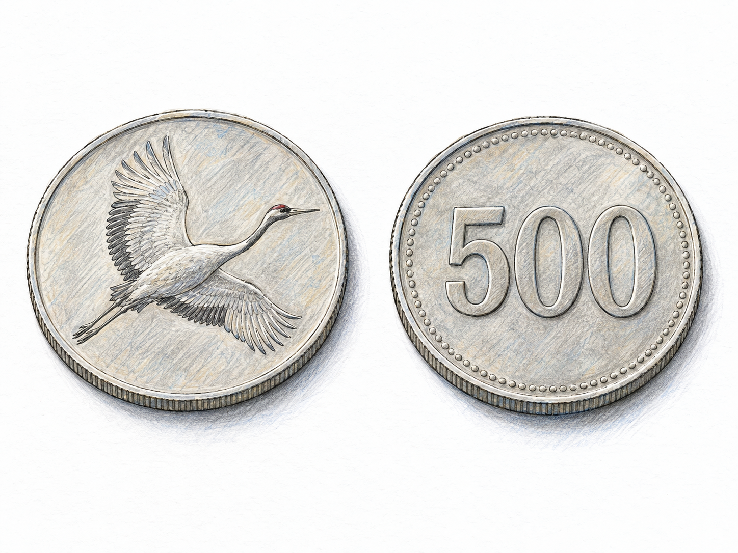 A close-up of two South Korean 500-won coins, one showing its crane design and the other its denomination face, making the monetary sense concrete without adding people.
