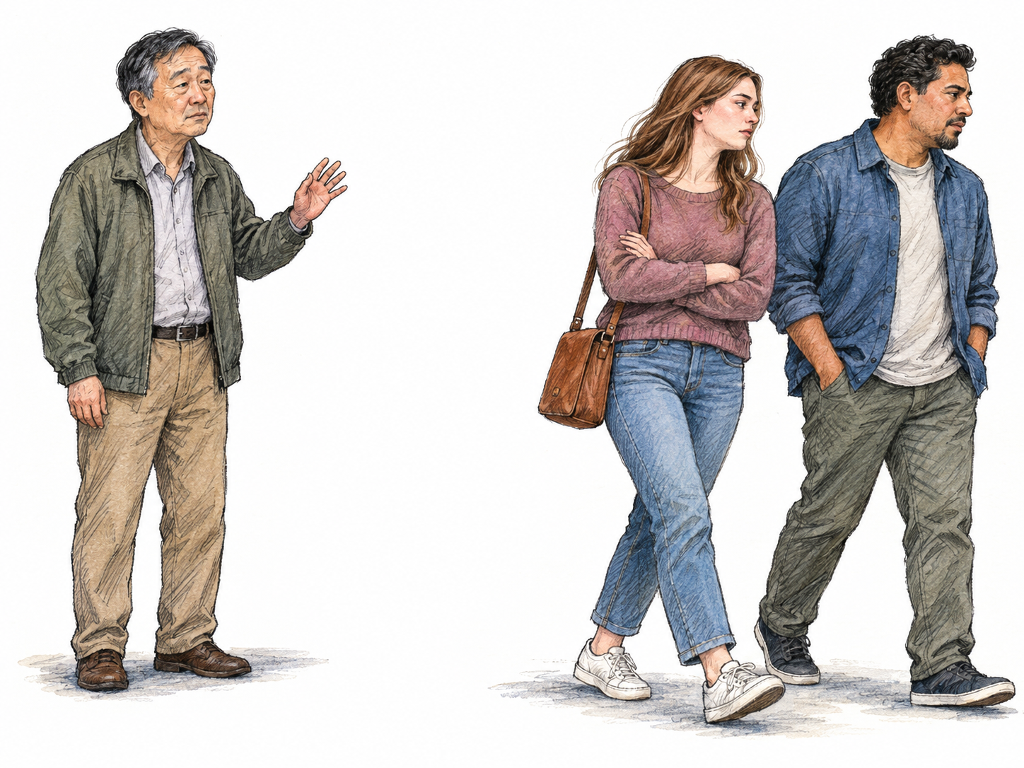 At a modern community gathering, an older man approaches two attendees who deliberately turn away together, leaving him visibly isolated despite his tentative greeting.