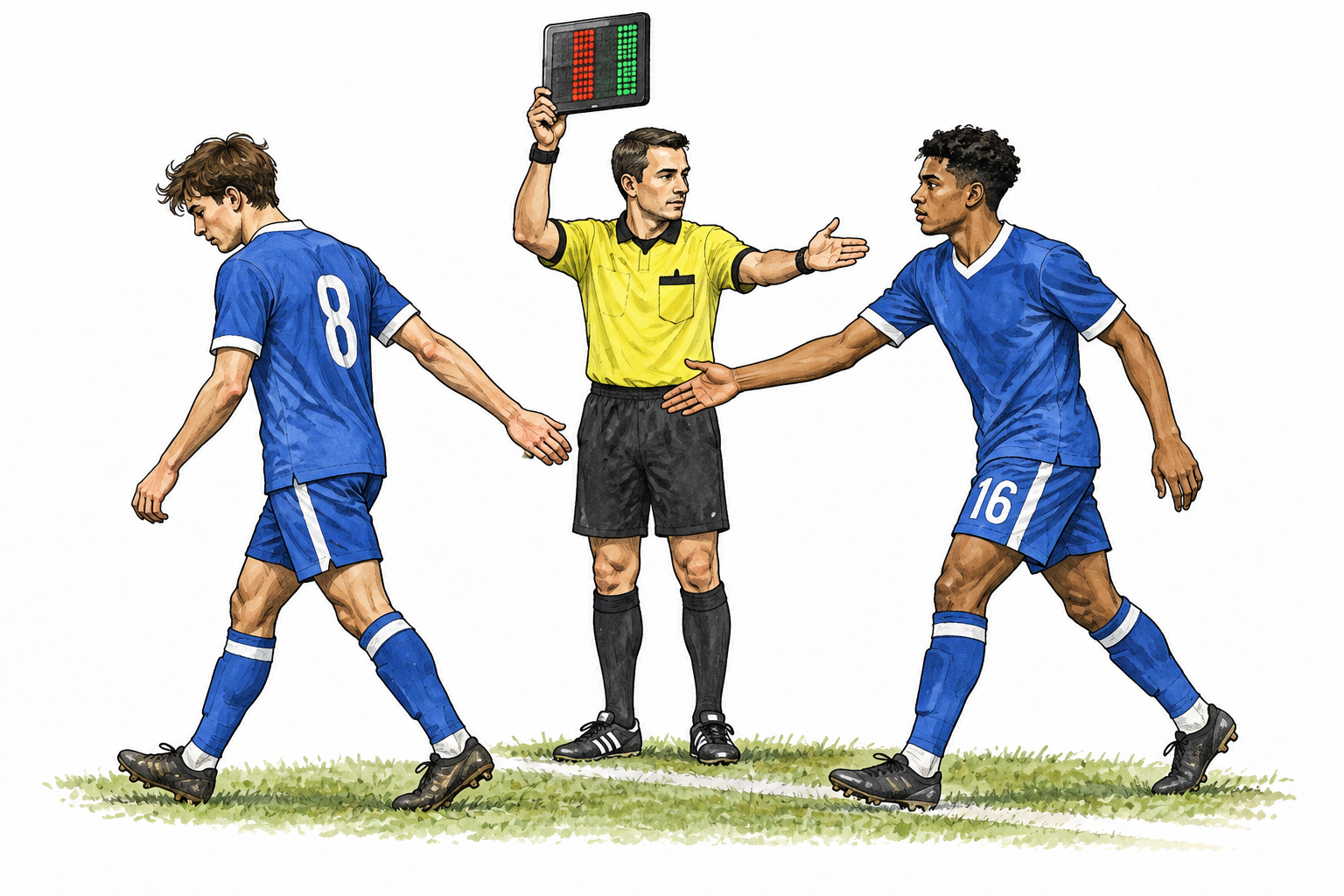 A soccer substitute in blue enters as another player in blue leaves at sideline, referee gestures exchange, no brands.