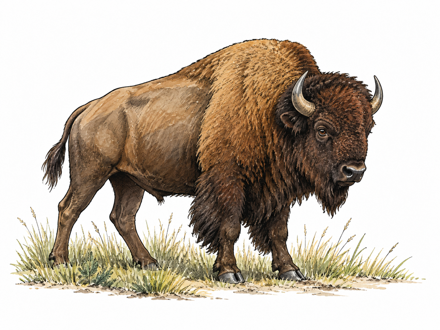 A powerful American bison with shaggy head, shoulder hump and short horns stands on prairie grass.