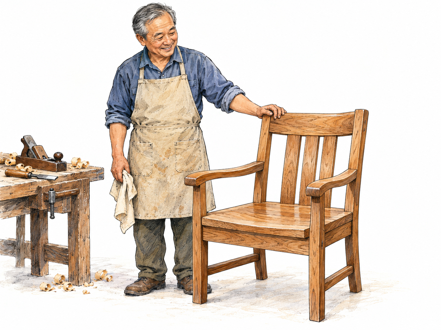 An older woodworker proudly presents a completed handmade wooden chair beside the tools and wood shavings from its construction, making the successful result of skilled effort the focal point.