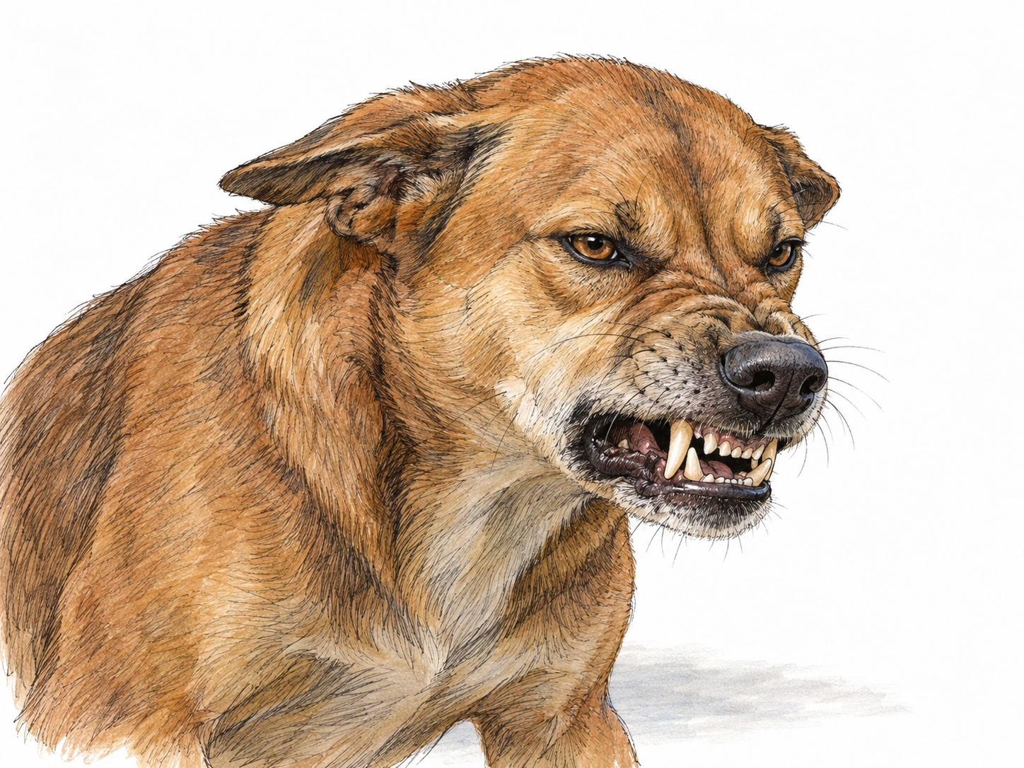 A close three-quarter view of a dog snarling: upper lip curled, canine teeth exposed, muzzle wrinkled, ears pinned back and body stiff.