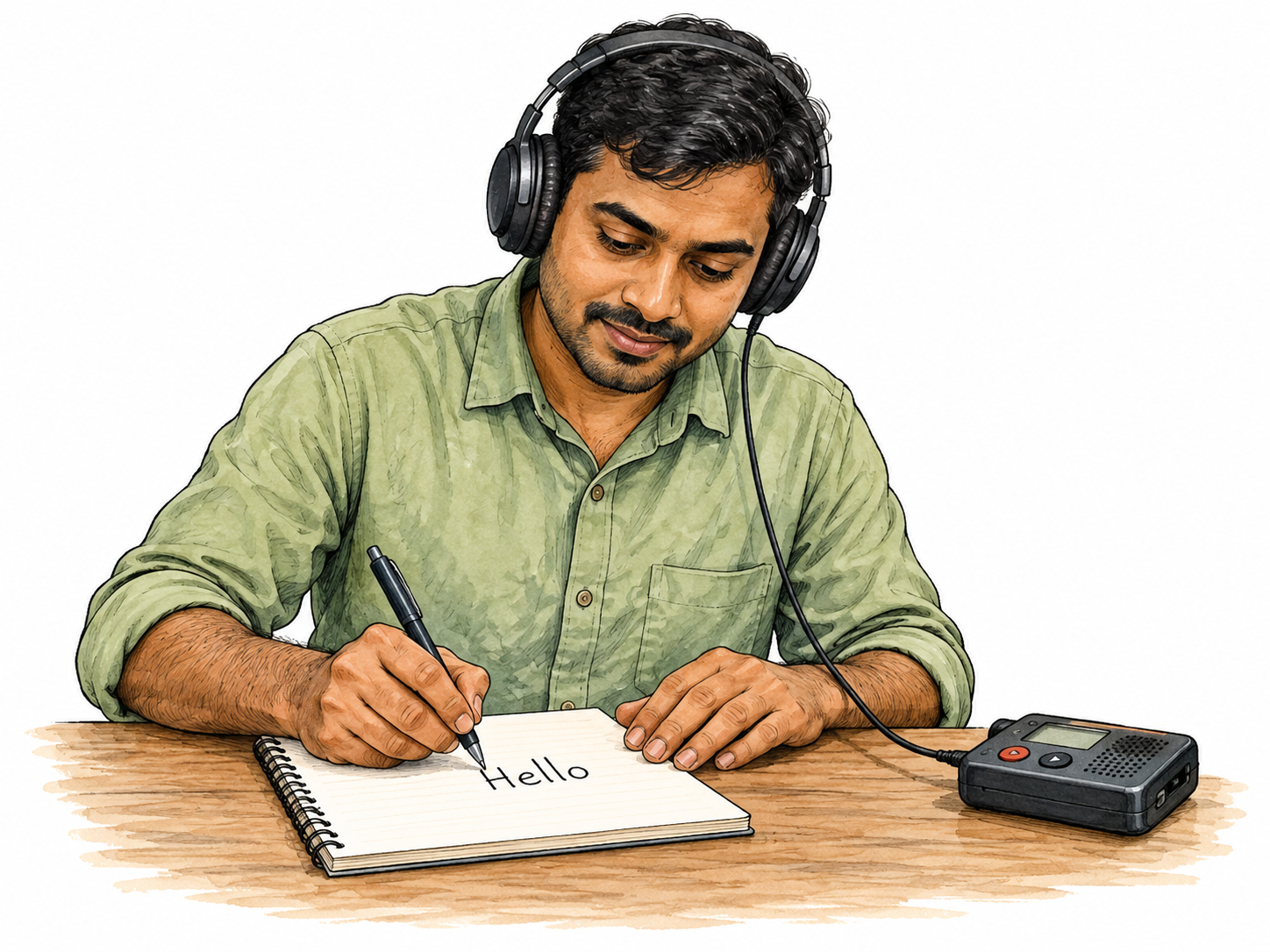 A South Asian adult wearing headphones carefully writes the single spoken word Hello on paper while listening to a recording device, only Hello as essential functional text.