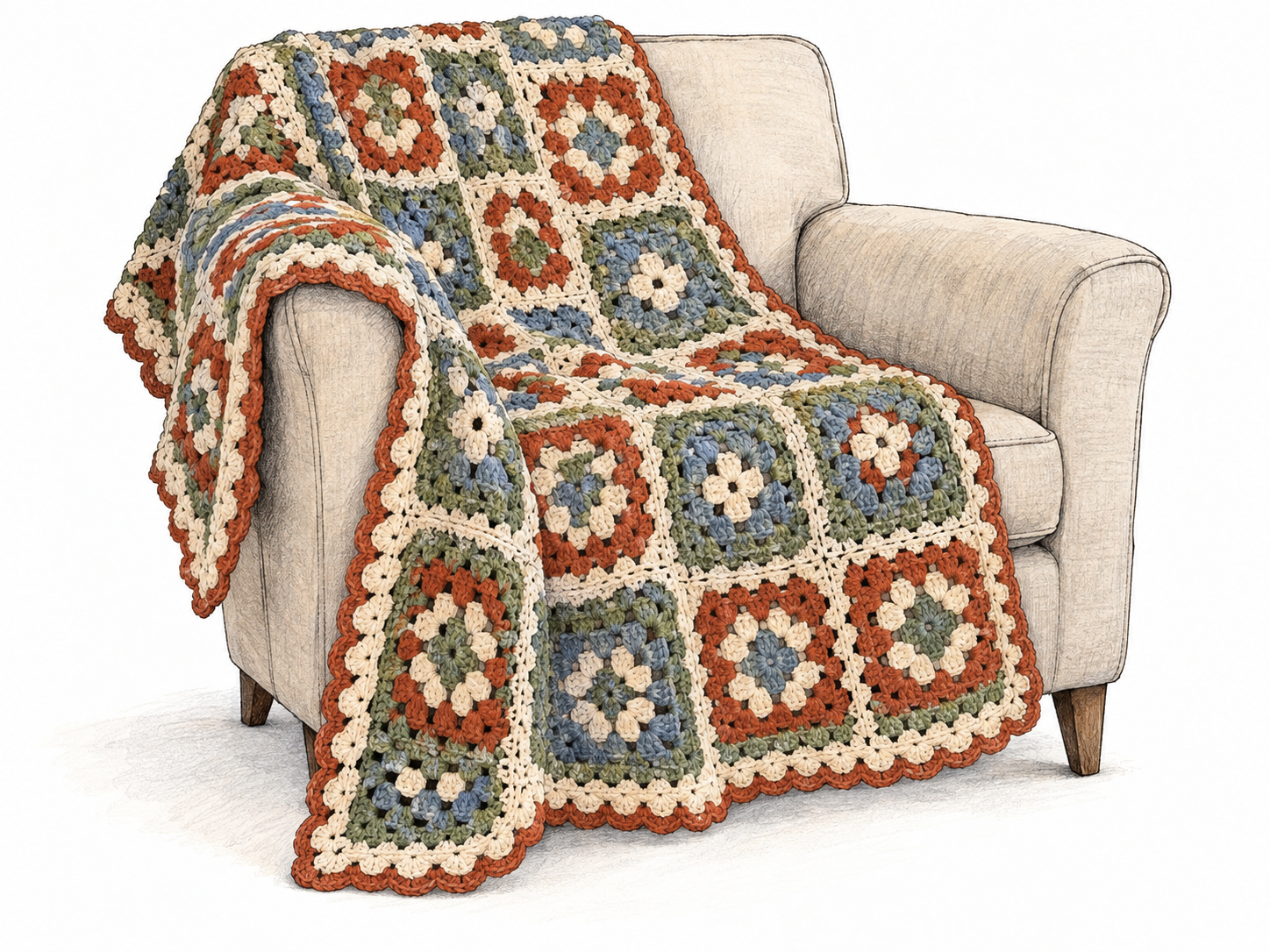 A colorful crocheted blanket draped across a plain armchair, with a broad unfolded section showing its joined granny squares, open stitches, and scalloped border.