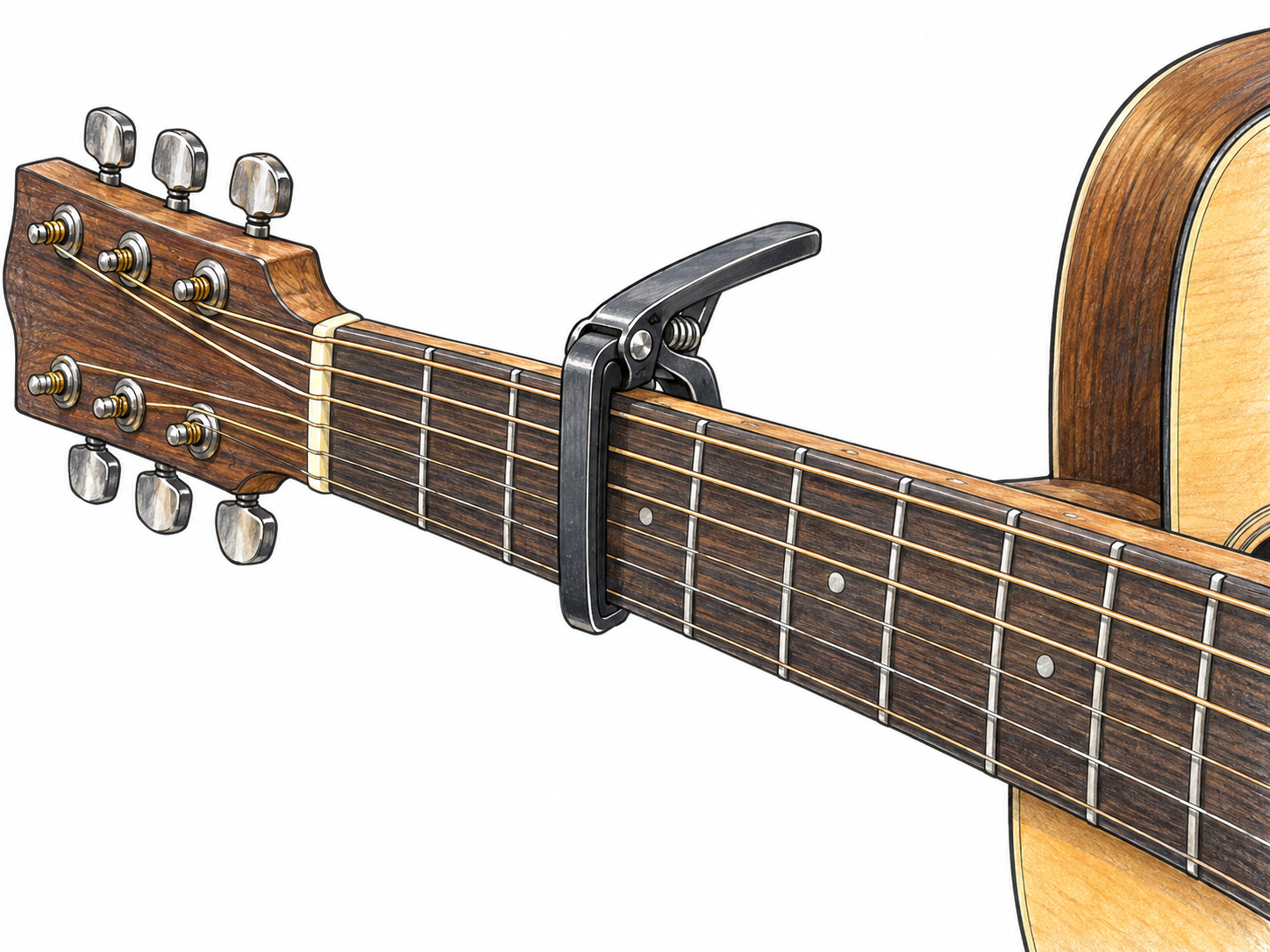 Close-up of a spring-loaded capo clamped across all six strings of an acoustic guitar just behind the third fret, clearly showing how its padded bar shortens the vibrating string length.