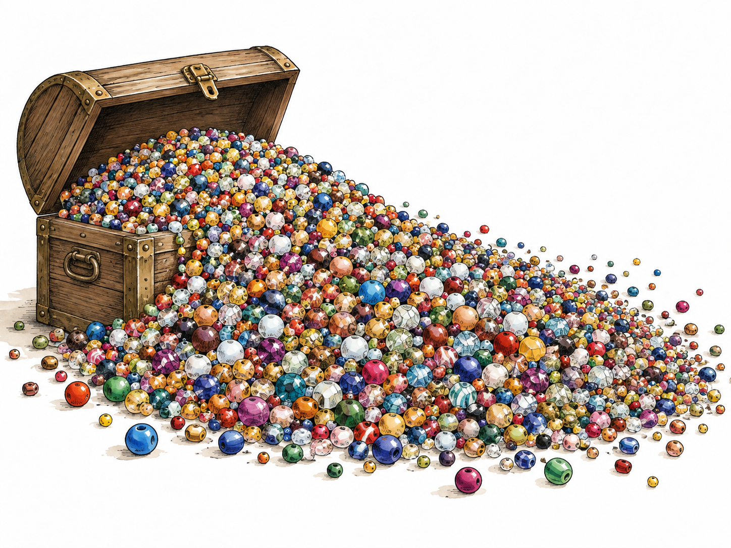 A vast uncountable-looking pile of colorful beads spills from a chest, indefinite abundance.