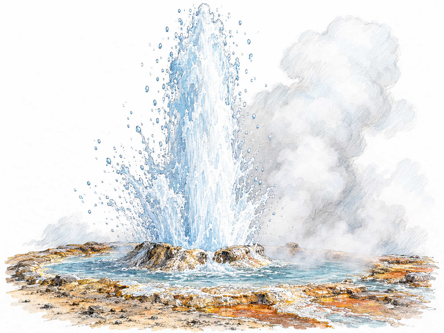 An erupting natural geyser: a forceful column of water and steam rises from a mineral-rimmed hot-spring vent, with droplets falling back into its shallow basin.