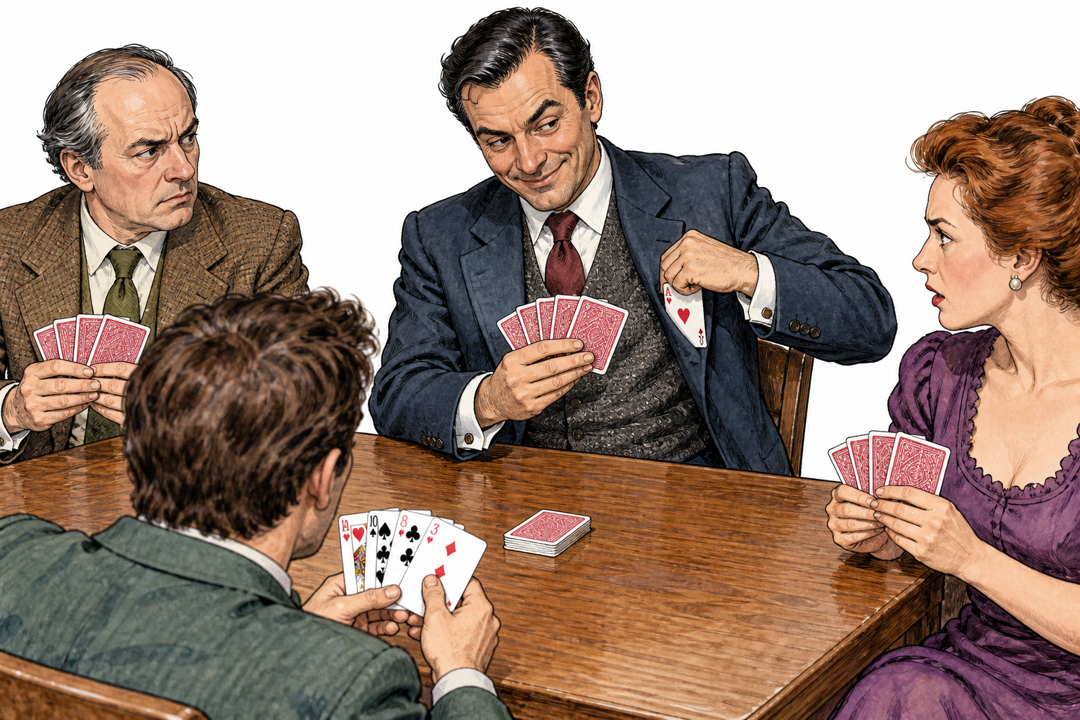 Well-dressed adult cheats companions at cards by hiding extra ace in sleeve, unethical behavior clearly visible, no glamor.