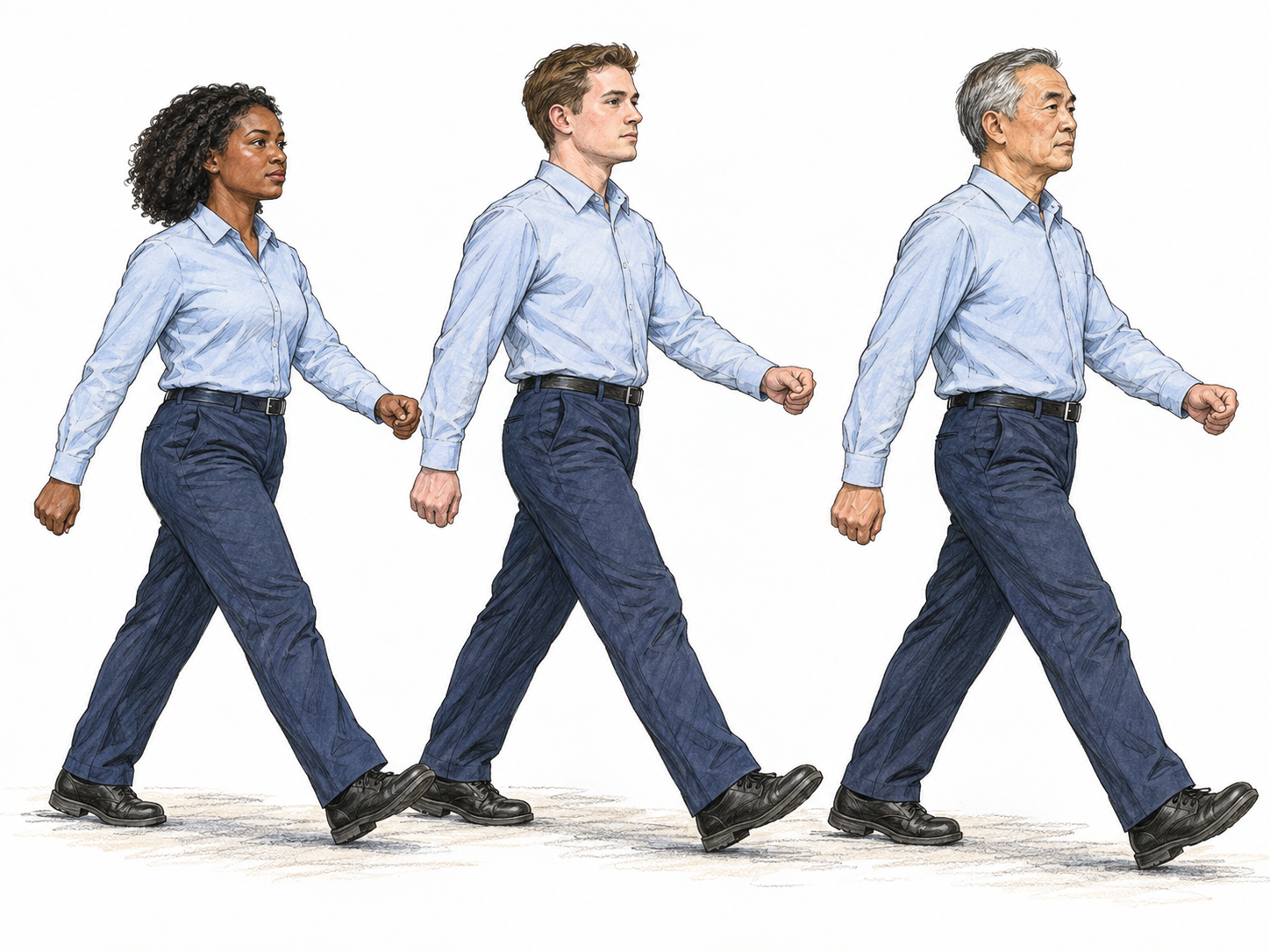 Three adults march in a neatly spaced formation, their matching strides and coordinated arm swings making regular, disciplined walking visible.