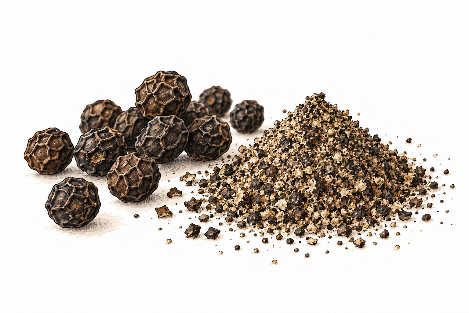 Black peppercorns beside a small pile of freshly ground black pepper.