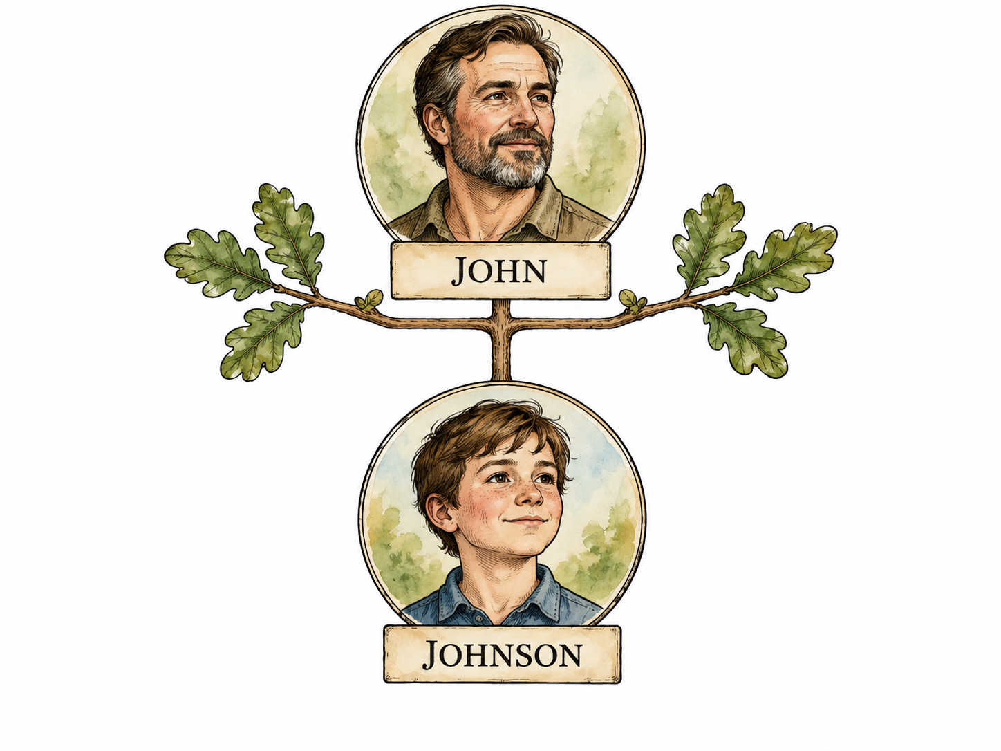 Father JOHN and son JOHNSON shown on simple family tree; no other text.