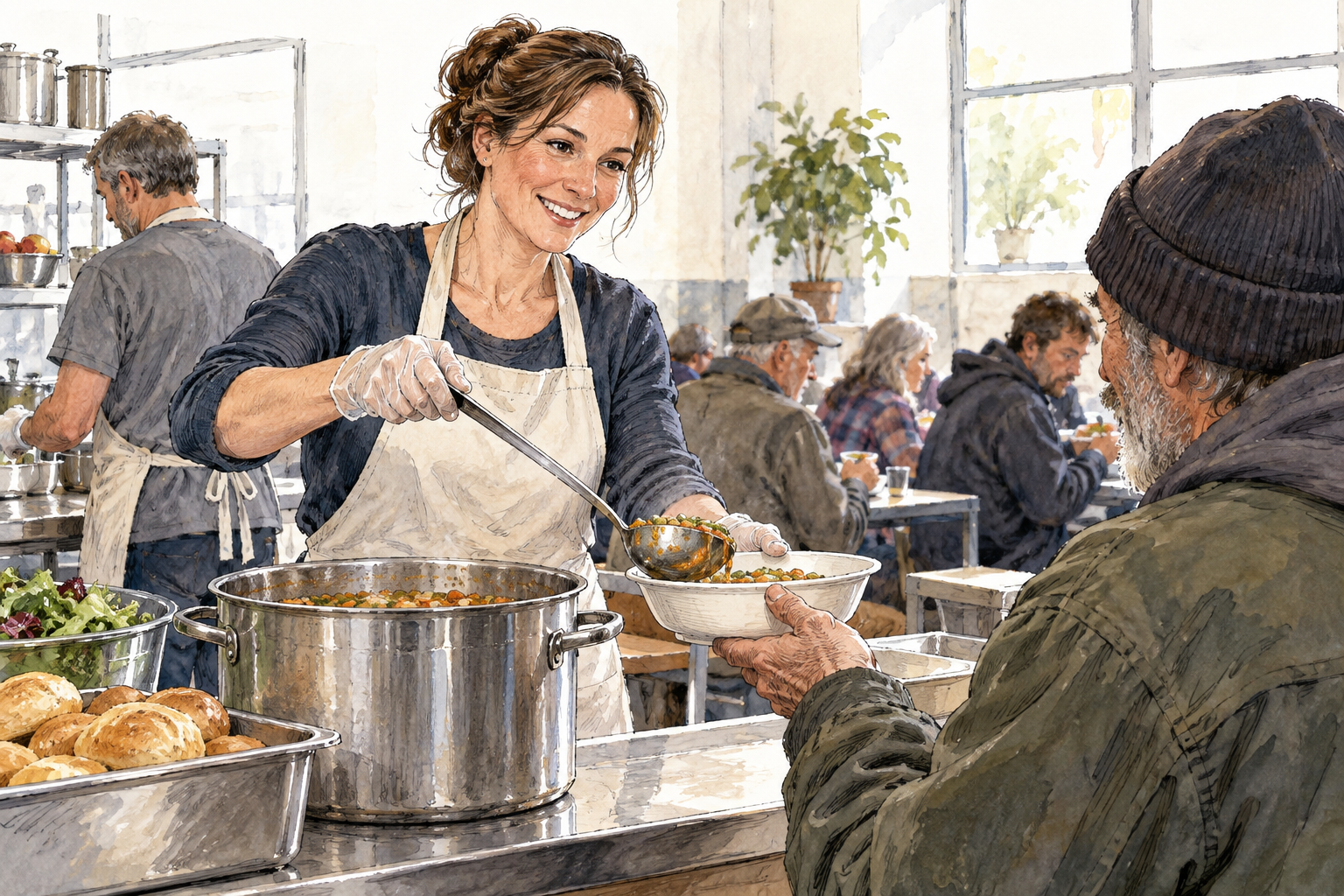 A volunteer serves food in a community kitchen, simple unmarked apron and warm helpful manner, no signs.