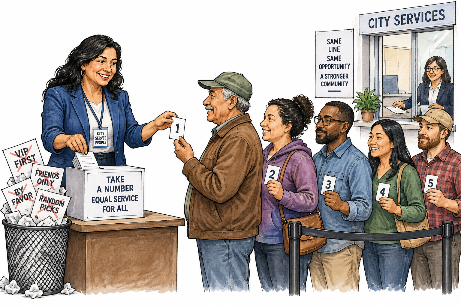 Latina city official replaces confusing unfair queue rules with clear equal numbered tickets, orderly line of varied adults gains fair service.