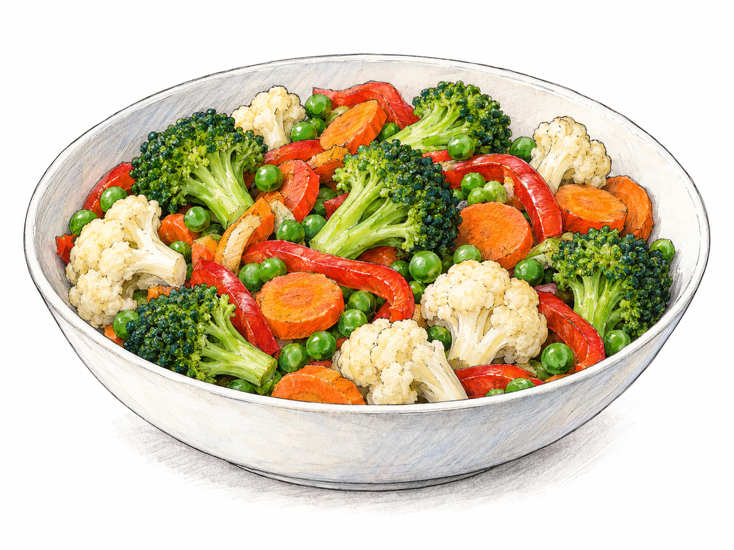 A shallow serving bowl holds a colorful vegetable medley: distinct broccoli florets, carrot rounds, peas, red pepper strips, and cauliflower florets visibly intermingled.