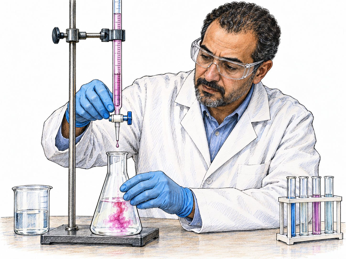 A laboratory chemist carefully adds a reagent drop by drop to a flask, observing a localized color change in the liquid.