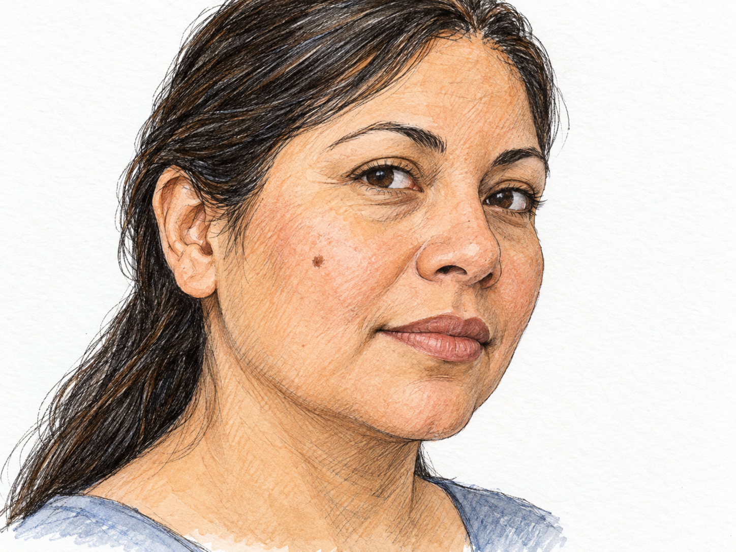 A close-up three-quarter portrait of a middle-aged Latino woman with a single small, clearly visible dark mole on her cheek; the surrounding skin is unmarked.