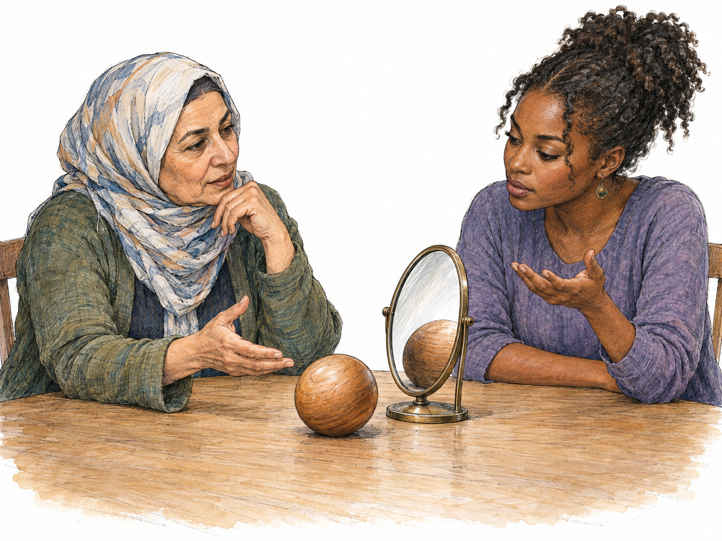 Two contemporary philosophers consider a solid wooden sphere and its reflection in a small mirror, using the contrast between an object and its appearance as a concrete starting point for discussion of reality and existence.