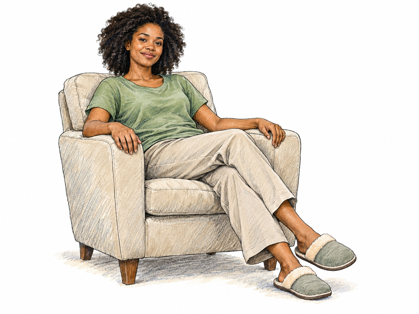 A comfortably seated young woman enjoys a quiet, relaxed moment, with loose shoulders, an easy half-smile, and open, unhurried posture.