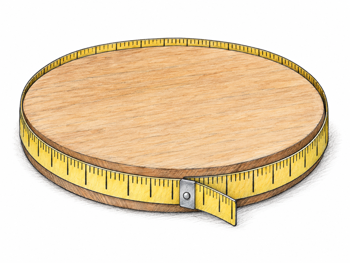 A flexible measuring tape makes one complete, snug circuit around a plain circular disk, visibly measuring its outer edge rather than its diameter.