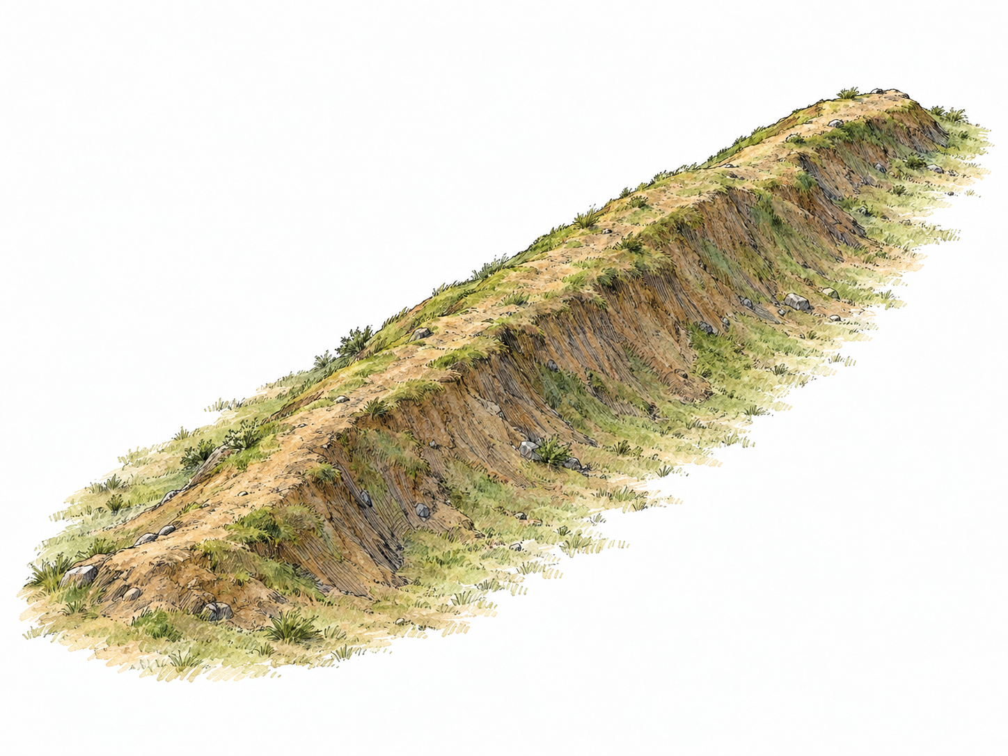 An isolated elongated earth ridge seen obliquely from above, with one continuous narrow crest and clearly descending slopes on both sides.