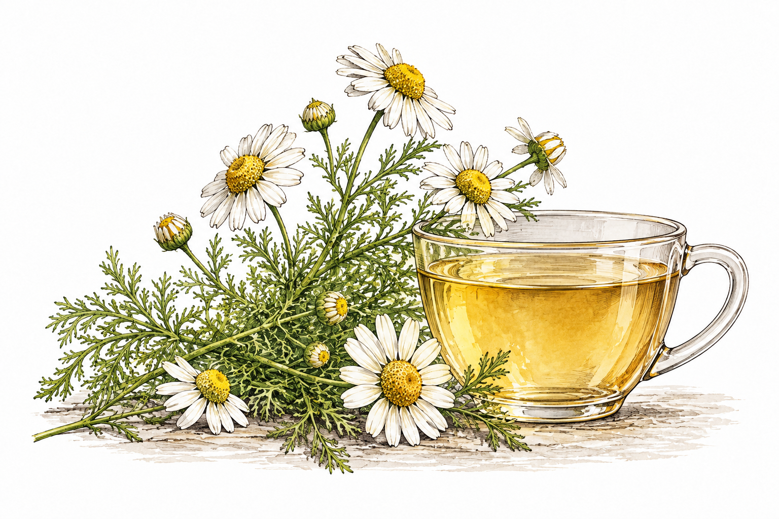 Daisy-like chamomile flowers with fine feathery leaves beside a plain cup of herbal tea, botanical accuracy.