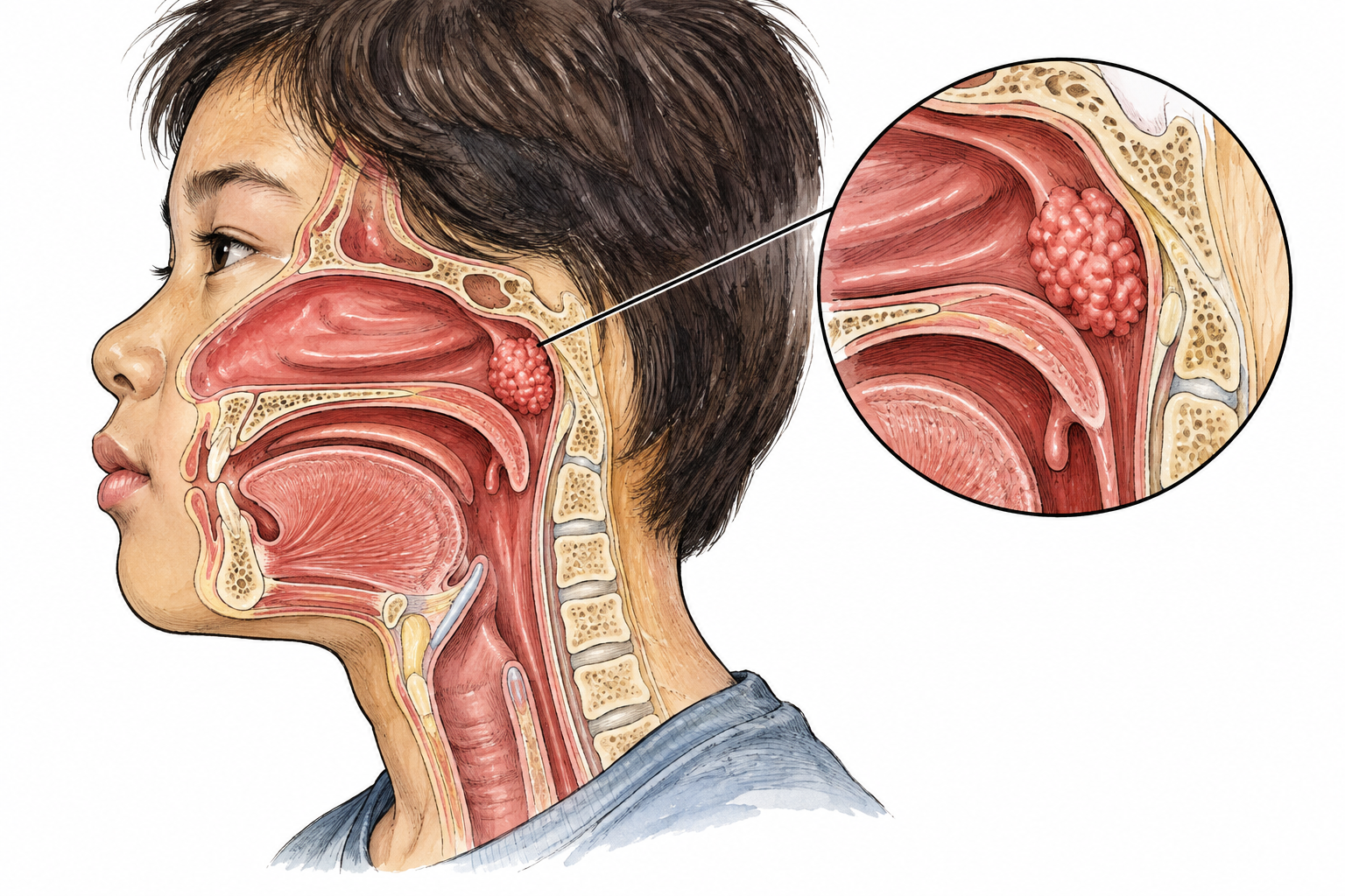 Accurate sagittal medical diagram of the nose and throat highlights the adenoid at the roof/posterior wall of the nasopharynx, above the soft palate; no external nose lump.