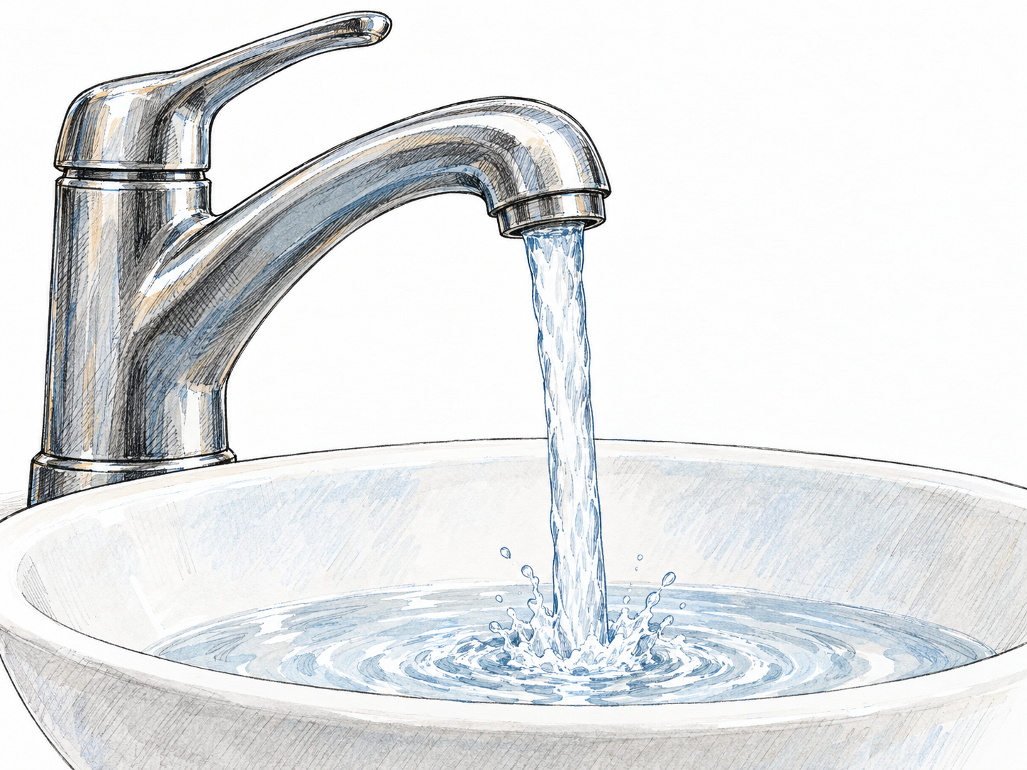 An open faucet pours a visibly unbroken stream of water into a basin, showing flow without gaps.