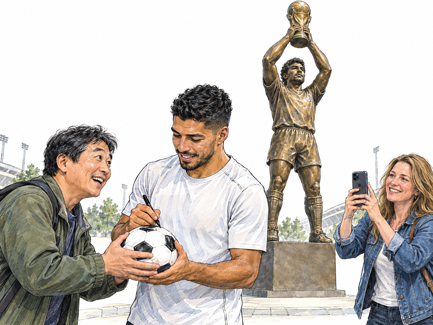An admired football star signs a fan's ball beside a monumental bronze statue of himself lifting a trophy.