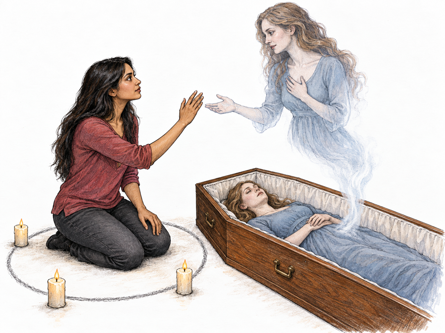 A woman conducting a magical rite beside an open coffin faces the translucent spirit rising from its visibly deceased occupant.