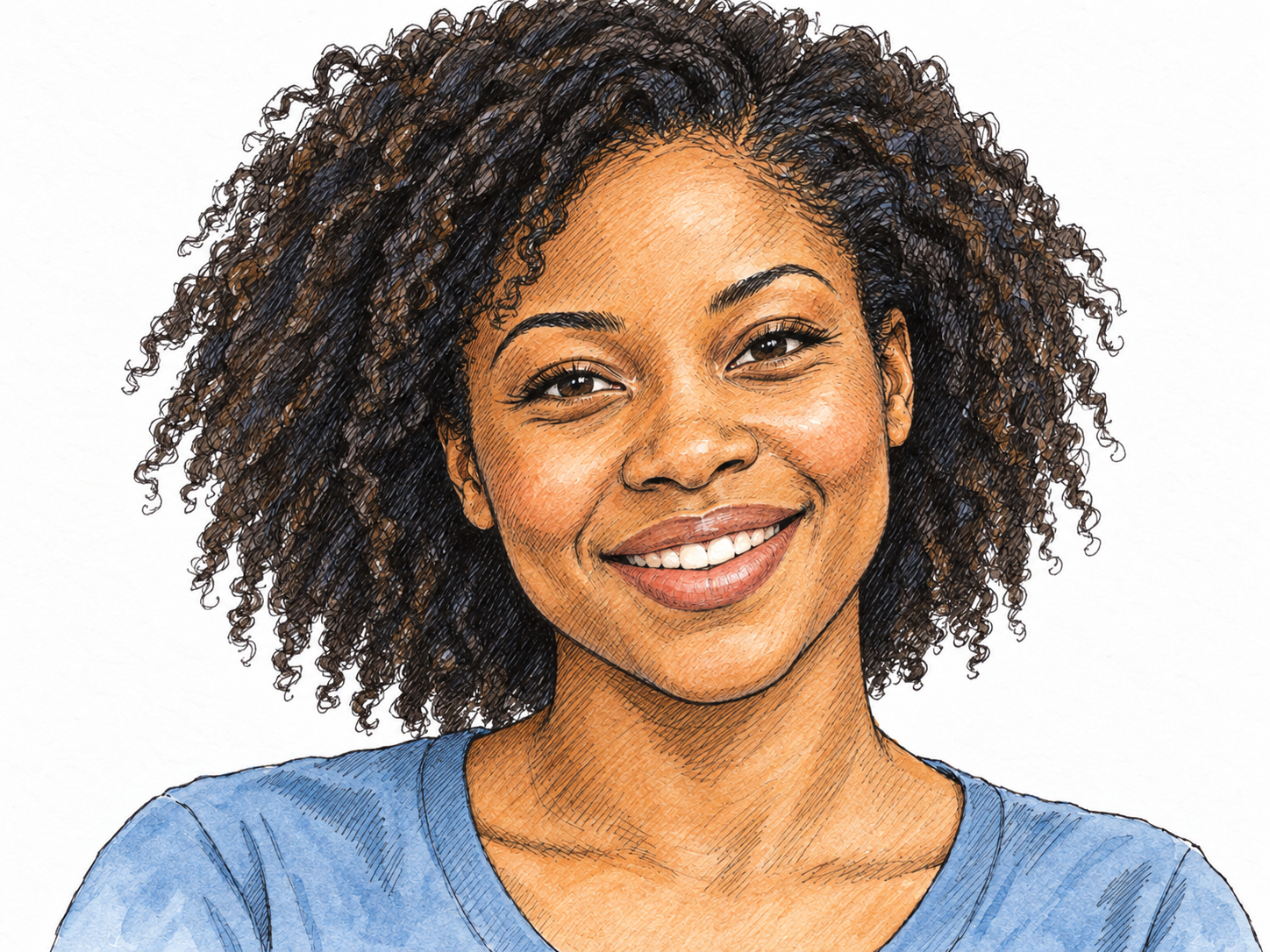 A close, unobstructed portrait of a young woman smiling warmly, with clearly upturned mouth corners, lifted cheeks, and gently crinkled eyes.