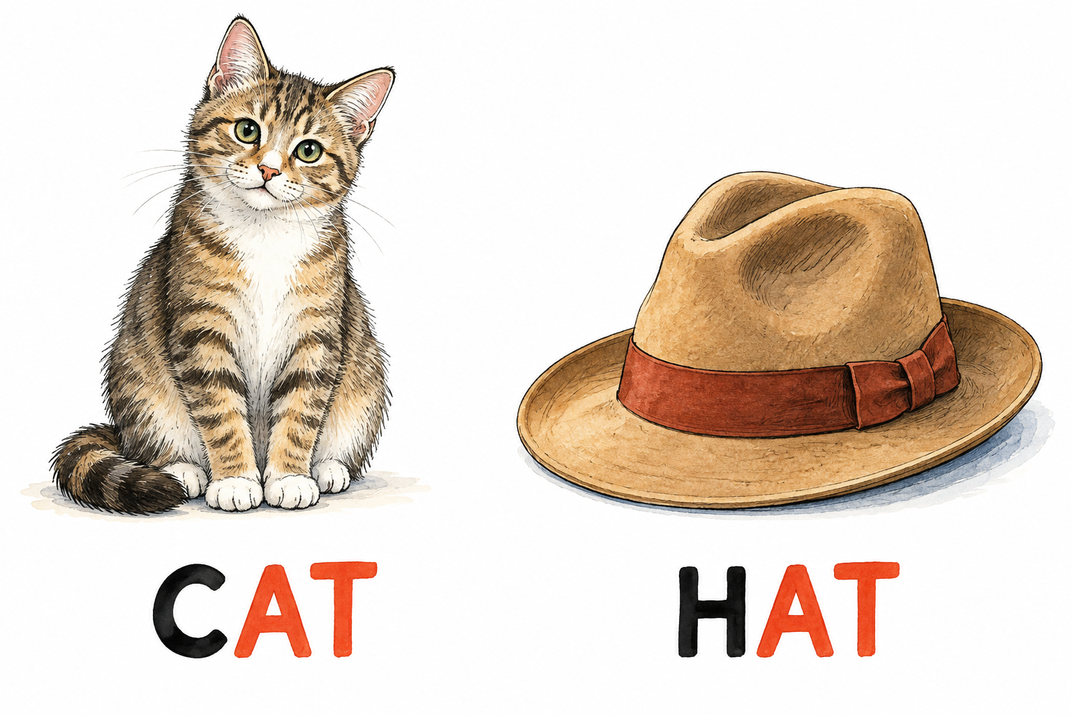Two simple illustrated cards show cat and hat, with only essential words CAT and HAT beneath, matching final AT letters highlighted same color, clear rhyme demonstration.