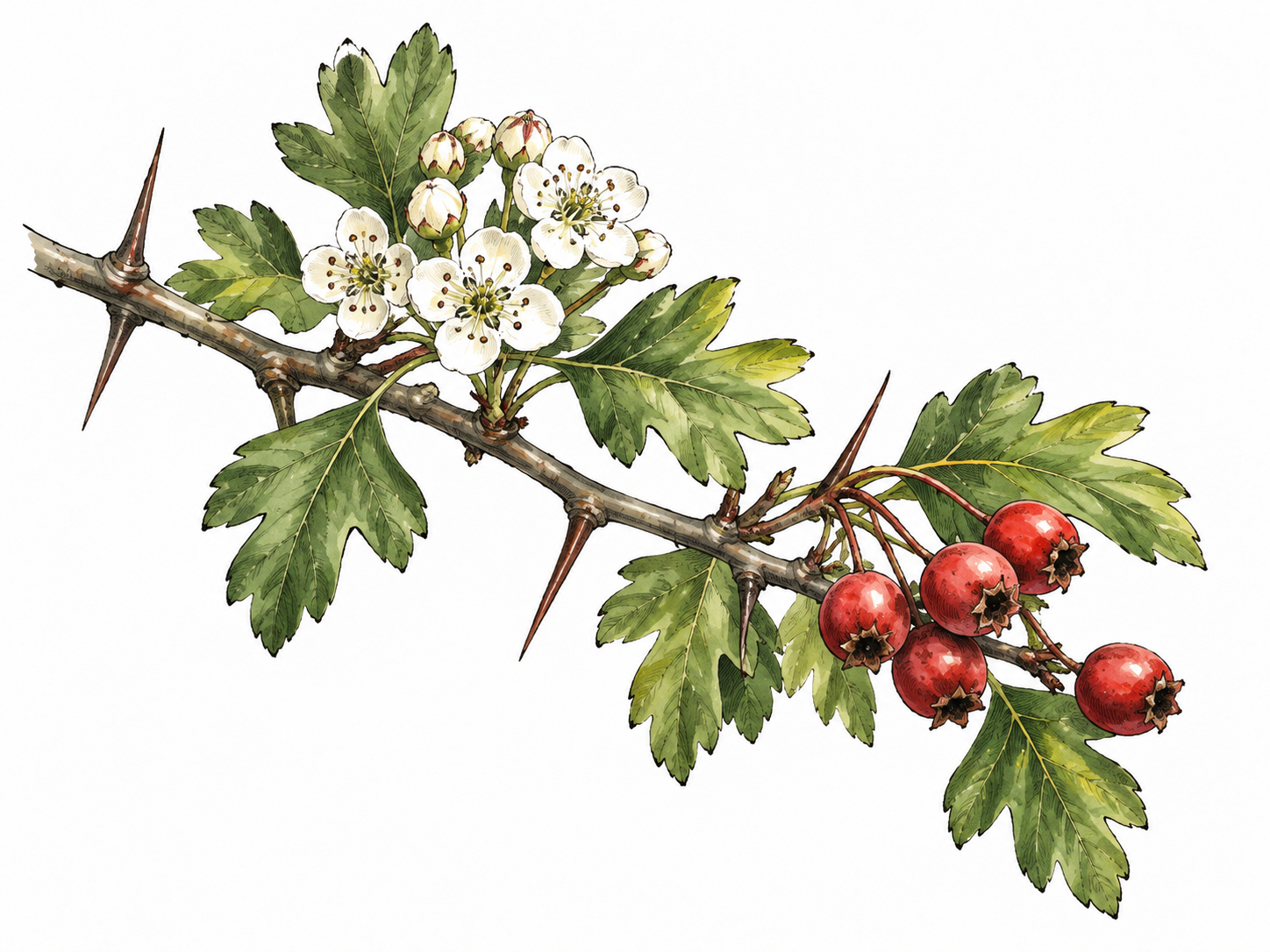 Hawthorn branch with lobed leaves, small white five-petaled flowers, red haws and distinct thorns.
