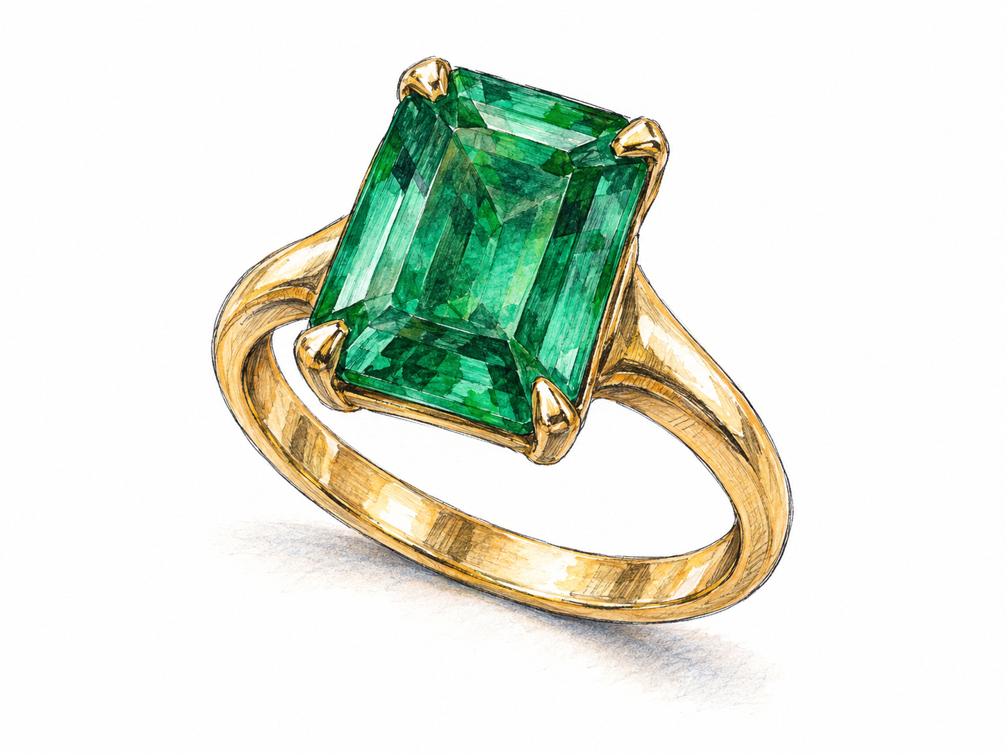 A single gold ring with a large, faceted emerald secured in visible prongs, making the precious stone set in jewelry the unmistakable focus.