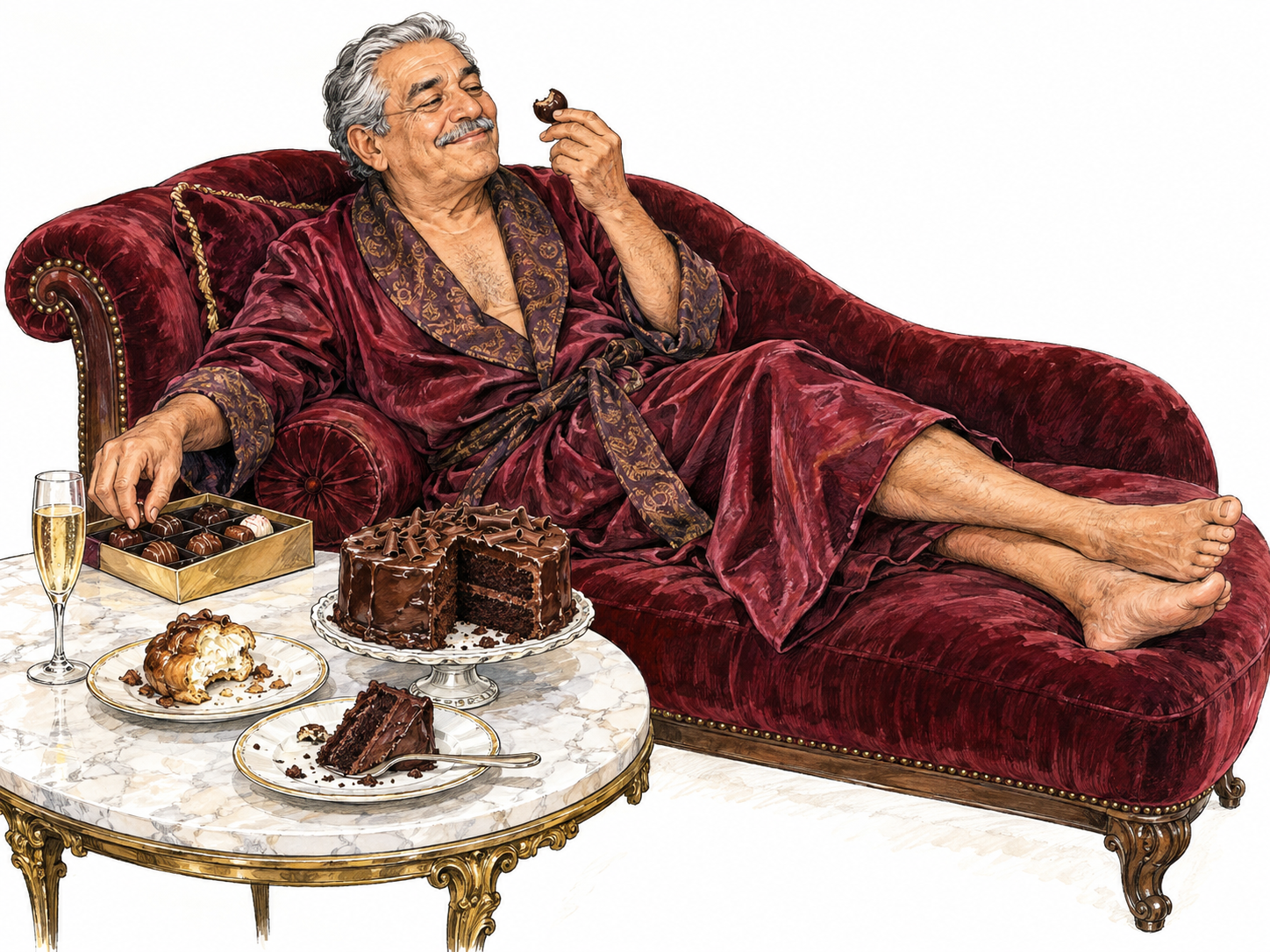 An older man lounges alone on a velvet chaise, savoring a chocolate truffle while an extravagant spread of rich desserts and champagne sits within easy reach.