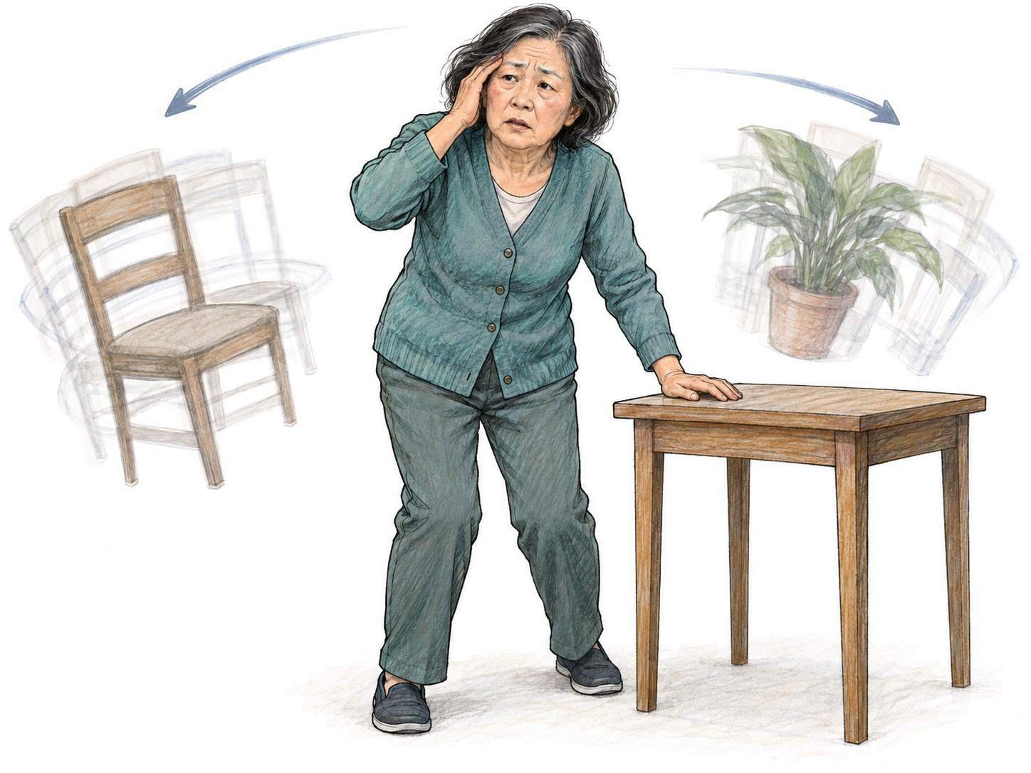 An older woman steadies herself against a fixed table while familiar room objects appear to whirl around her, making rotational dizziness—not fear of heights—the central visible cue.